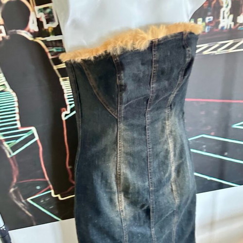 Strapless denim dress Rebecca Blu like new, midi with tan fur trim