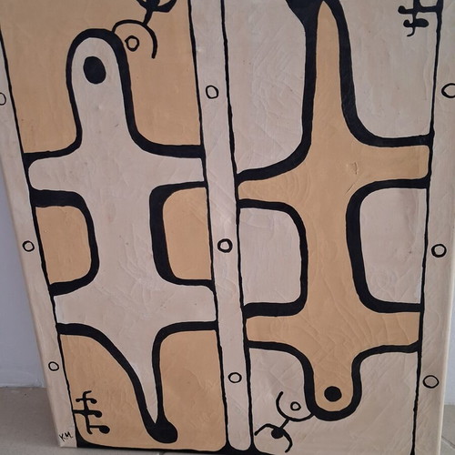 Abstract painting 50x60 cm signed K.M. used, tribal ethnic art