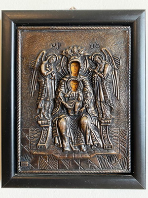 Silver Icon of Virgin Mary Enthroned with Angels 950, like new
