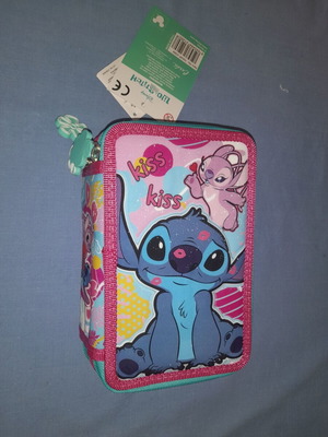 Κασετίνα τριπλή Lilo & Stitch με είδη γραφής, ροζ και βεραμάν