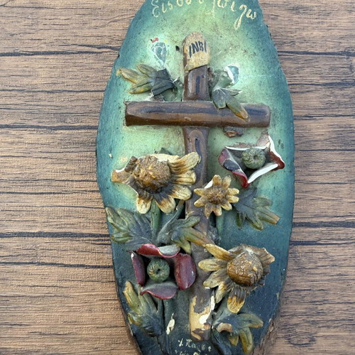 Carved Icon 1927 used, with flower damage