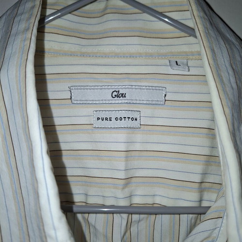 Glou men's short-sleeve shirt size L like new, white with beige, blue and brown stripes