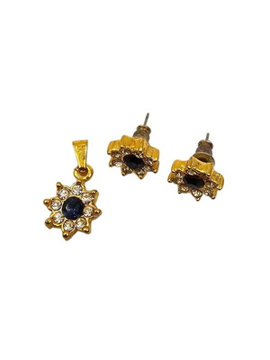 Faux bijoux earring and pendant set with white and blue rhinestones