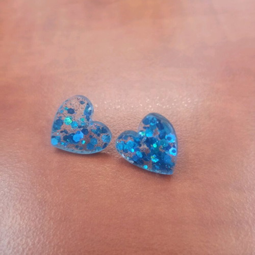 Heart earrings new, handmade from resin with blue glitter