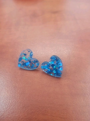 Heart earrings new, handmade from resin with blue glitter