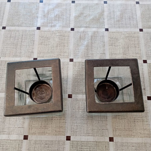 Set of square glass decorative tealight lanterns with dark metal frame