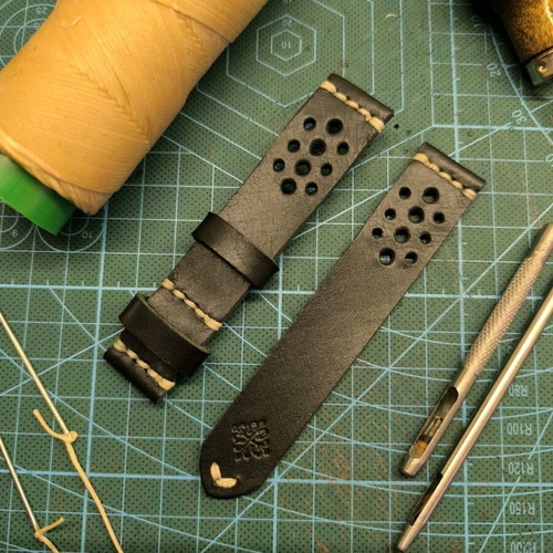Handmade leather watch strap sewn by hand, Racer style