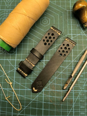 Handmade leather watch strap sewn by hand, Racer style