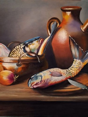 Oil painting Still life with fish new, canvas 40x50