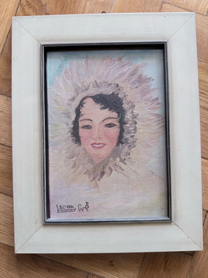 Vintage portrait on canvas with frame “LEONA” like new, mid century decorative