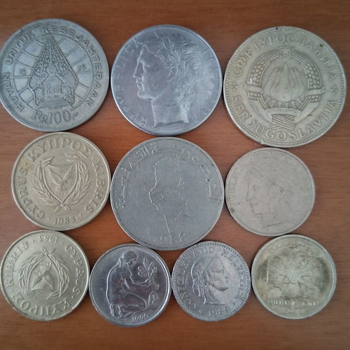 Indonesian, German, Yugoslavian, Italian, Tunisian, Swiss and Cypriot coins