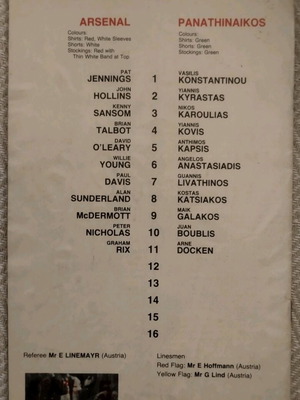 Arsenal - Panathinaikos 1981 Program used