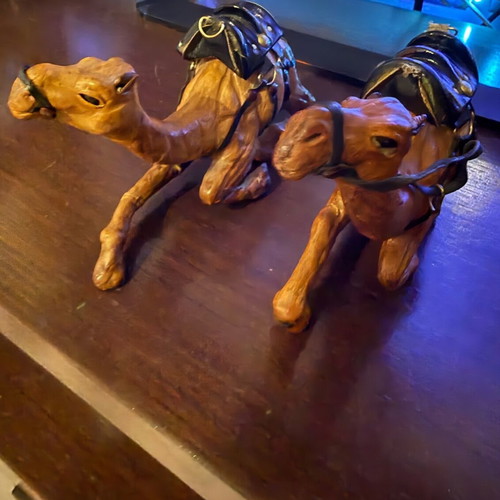 Vintage Handmade Leather Camels Set of 2 Used, Rare Ethnic Decoration