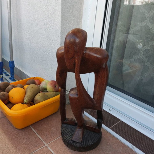 Wooden sculpture man thinking used, large handmade