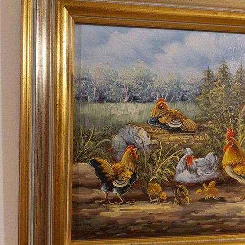Vintage πίνακας ζωγραφικής υπογεγραμμένος, σαν καινούργιος, σκηνή με κόκορα και κότες