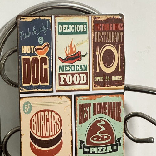 Vintage Metal Tin Sign Fast Food with Hot Dog, Burger, Pizza & Mexican Food used