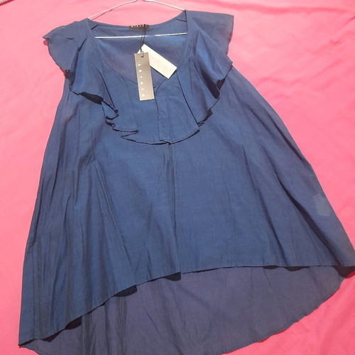 Sisley blouse L new, blue, with ruffles at neckline