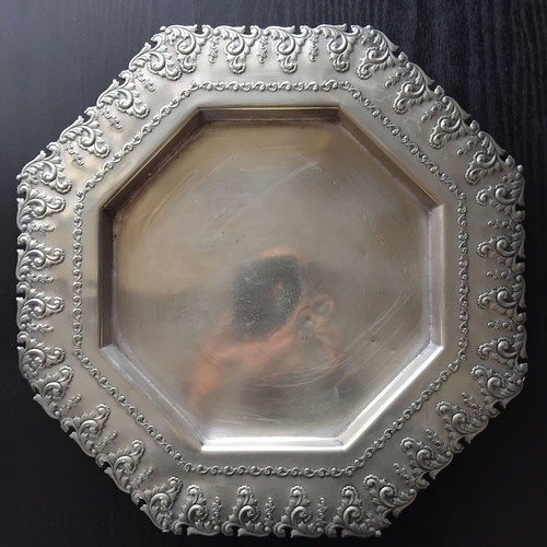 Silver plated octagonal tray used with embossed decoration 19th century