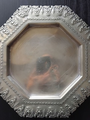 Silver plated octagonal tray used with embossed decoration 19th century