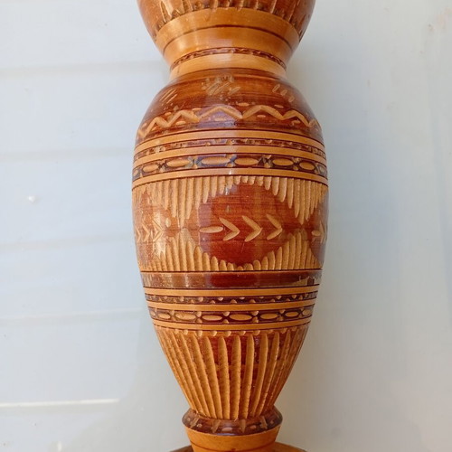 Wooden carved decorative vase, approx. 30 cm high