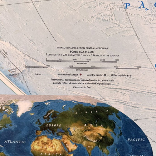 World map used, framed 1.89 x 1.25 m