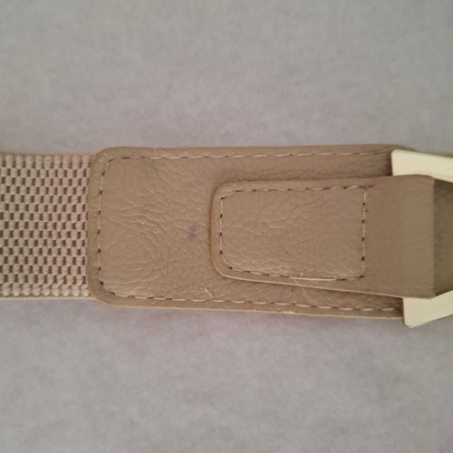 Elastic beige waist belt with gold buckle used, adjustable 90 cm