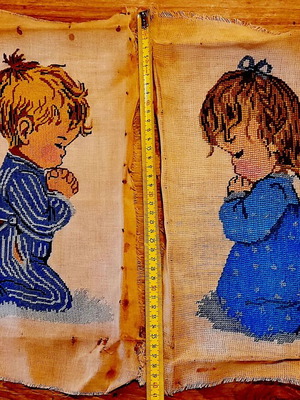 Children's Prayer embroidery set of 2, vintage textile paintings