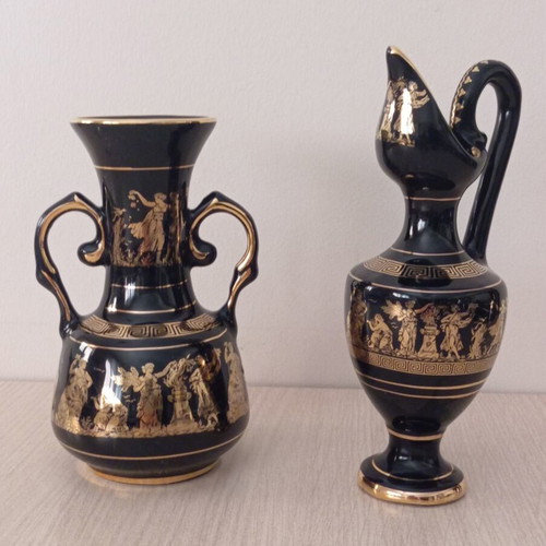Two 24K Gold Handmade Vintage Vase and Amphora with Ancient Greek Scenes like new