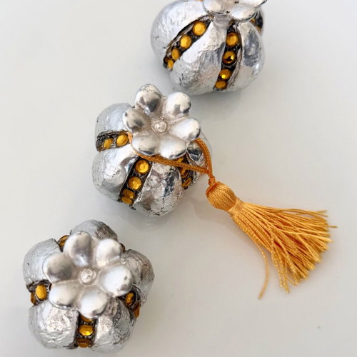 Set of 3 decorative pomegranate miniatures silver with crystals and tassel new