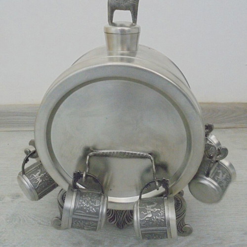 Swedish pewter decanter set with 6 small metal cups, TENN BOLLNÄS