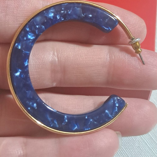 Blue and gold crescent moon earrings with iridescent stone
