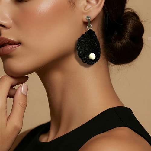 Handmade knitted earrings new, black metallic with white onyx