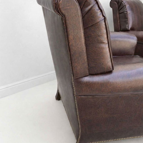 Leatherette Club Armchair Like New with Brass Legs and Studded Trim