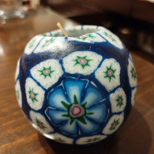Handmade Millefiori candle like new, decorative with blue floral design