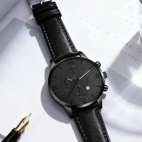 Geneva wristwatch with date, quartz mechanism, black