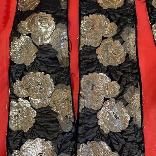 Gold-embroidered brocade trim black satin with gold roses new vintage