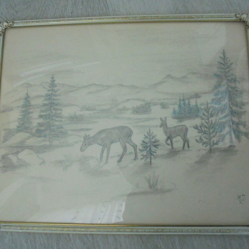 Vintage drawing with metal frame and glass used, signed