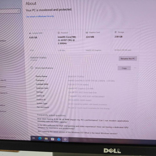 Dell All-in-One PC used with Core i5, 8GB RAM, 240GB SSD
