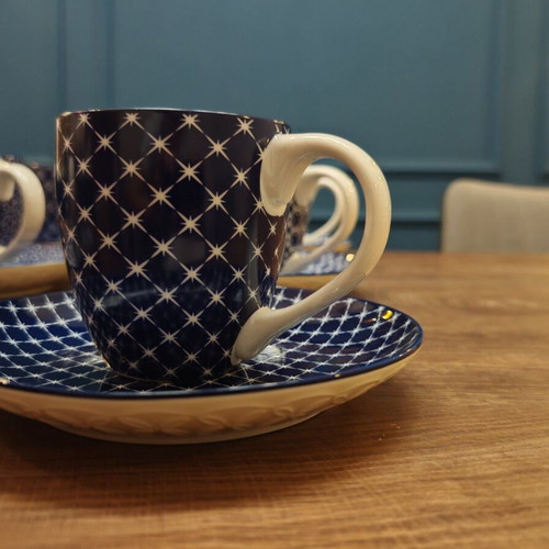 Dowan porcelain coffee and tea set royal blue 6 cups with 6 saucers new