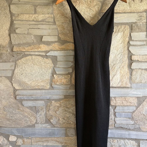 H&M Black Ribbed Lurex Midi Dress Scoop Neck fitted bodycon, like new