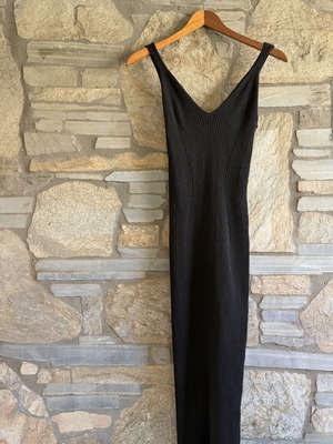 H&M Black Ribbed Lurex Midi Dress Scoop Neck fitted bodycon, like new