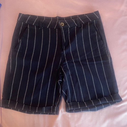 Striped shorts used, blue with white stripes, size S