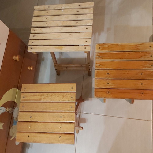 Set of folding wooden stools brown beech