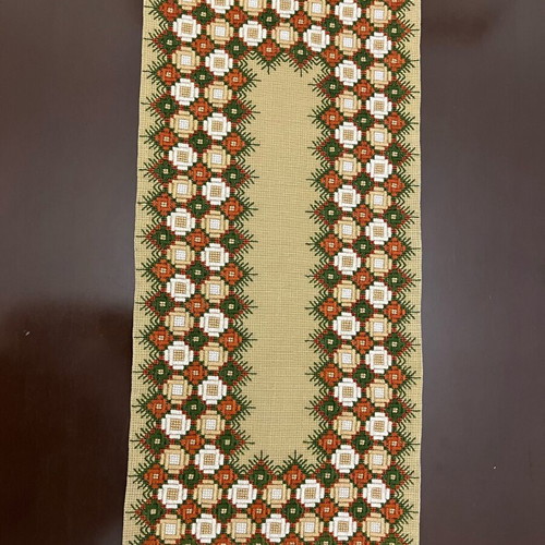 Vintage handmade table runner 68x28cm with dense geometric embroidery used