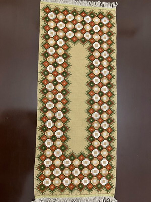 Vintage handmade table runner 68x28cm with dense geometric embroidery used