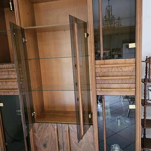 Vintage illuminated walnut display cabinet used, 1960s–70s