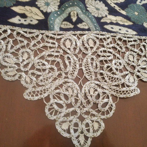 Hand embroidery new with handmade lace in blue and silver shades