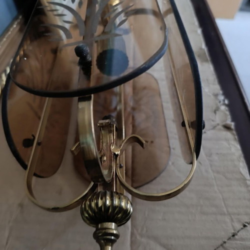 Vintage ceiling light with brass frame and patterned glass