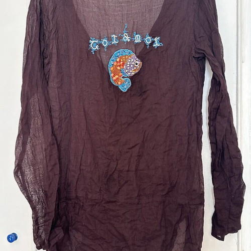 Kaftan shirt with embroidery and stones, like new, brown, size M