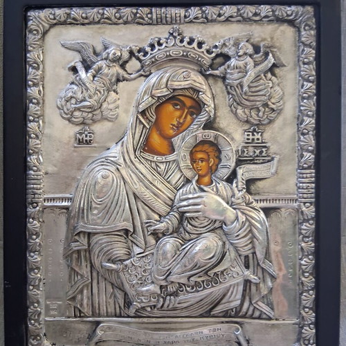 Silver Icon of Panagia Glykofilousa 950° Handmade, Like New